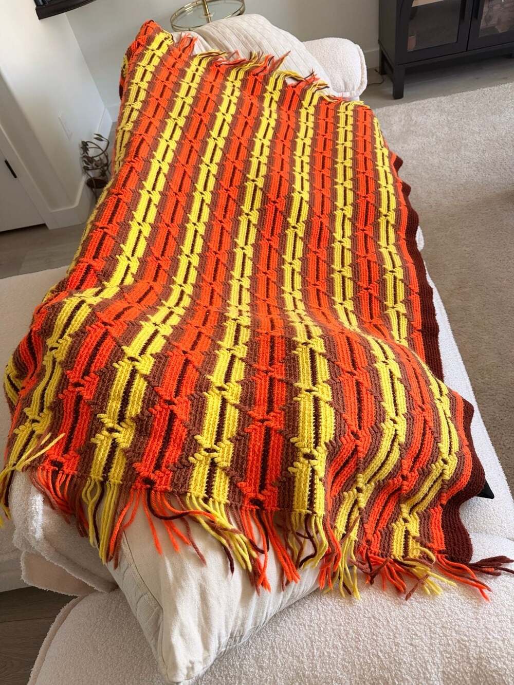 Vintage Retro Crotchet Throw Blanket Handmade Afghan Striped Sunset Fringe